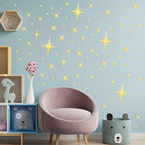 82 Stück Spiegel Wandaufkleber Abnehmbar Stern Wandtattoo 3D Acryl Gold - Bild 7 von 8