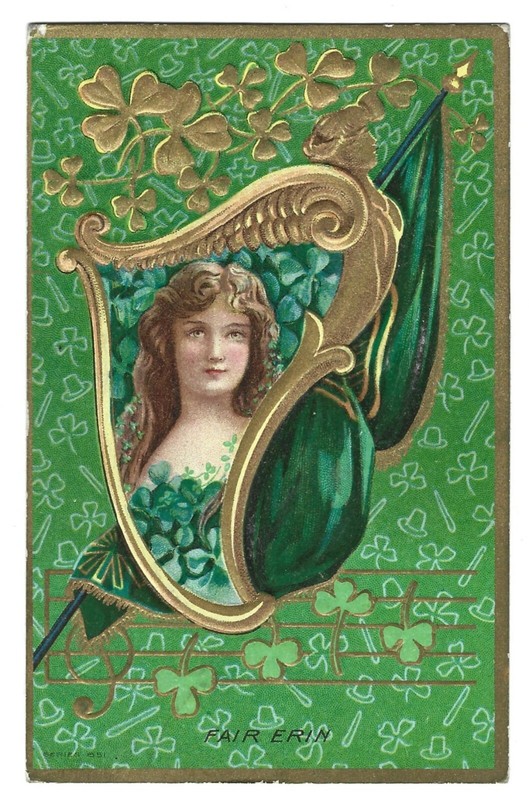 VTG 1913 St Patrick's Day Postcard "Fair Erin"  Young Woman w/ Flag & Shamrocks