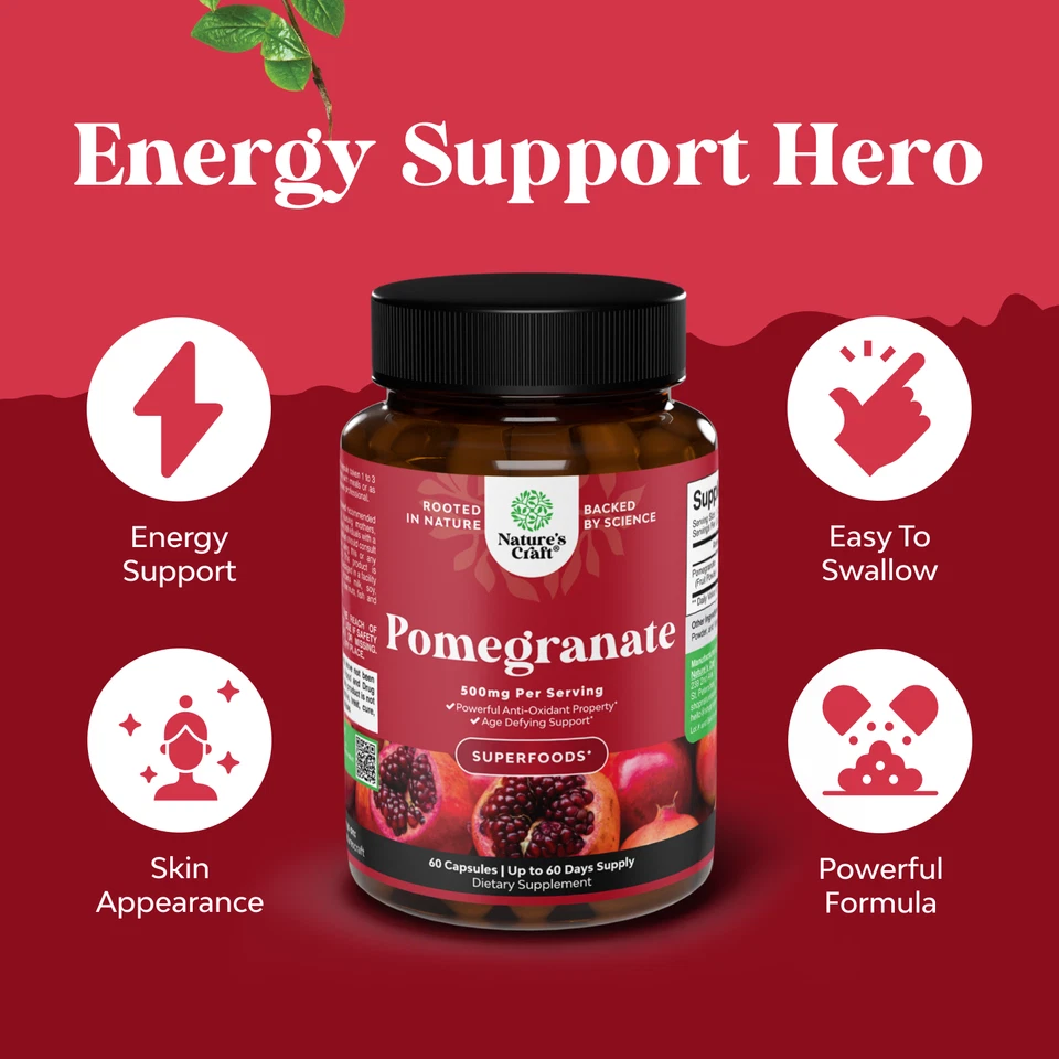Pomegranate Extract Capsules Antioxidant Supplement for Heart Health Joint 60ct - Image 4 of 4