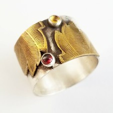 Handmade Sterling Silver Patterned Ring Brass Leaf Overlay, Garnet Citrine