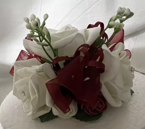 Topper torta 2 livelli fiori di nozze artificiali bordeaux e avorio rose e nastri - Foto 15 di 15
