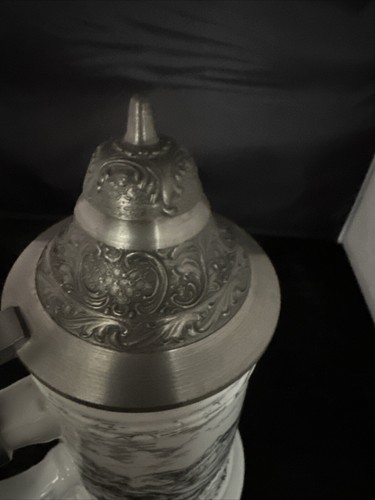 Piedra de cerveza alemana de porcelana vintage KUHR Muhlried con tapa de estaño, taza de cerveza alemana - Imagen 8 de 14