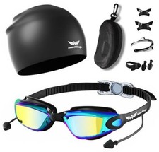 7 in 1 Swim Goggles  Swim Cap for Men Women,No Leak Anti-Fog  UV, Wide Gold