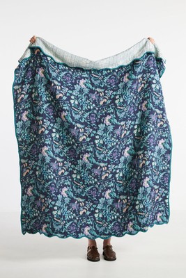 Anthropologie Iluka Wohndecke blau geblümt Kantha 152 cm x 178 cm