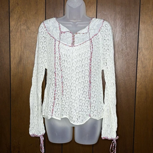 Free People Top Womens M Cream Knit Lace Floral Trim Romantic Cottage Fairy Boho