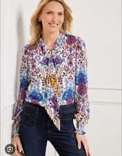 Talbots Tie Neck Blouse Top Floral Paisley Peasant Colorful XL 215