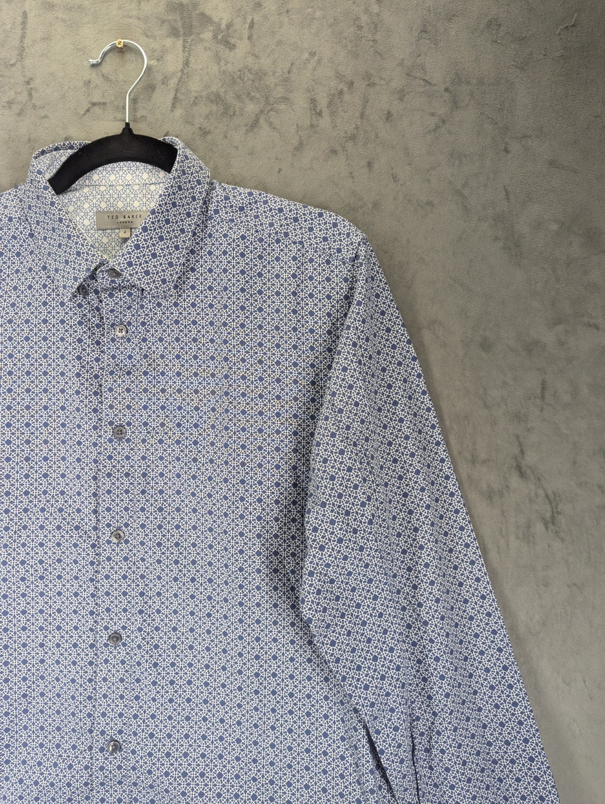 Ted Baker Shirt Men Size 4 Large Slim Fit 100% Cotton Long Sleeve Blue Geometric image 4