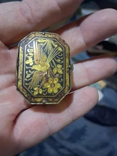 Antique Octagonal Pill/Snuff Box Black Gold Bird Floral Design Hinged Metal Case