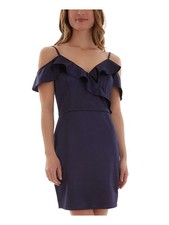 BCX DRESS Womens Body Con Dress Navy Short Sleeve Asymmetrical Ruffle Juniors 5