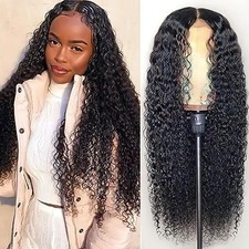 Deep Wave Human Hair Lace Front Long Black Wavy Hair Women's Wig