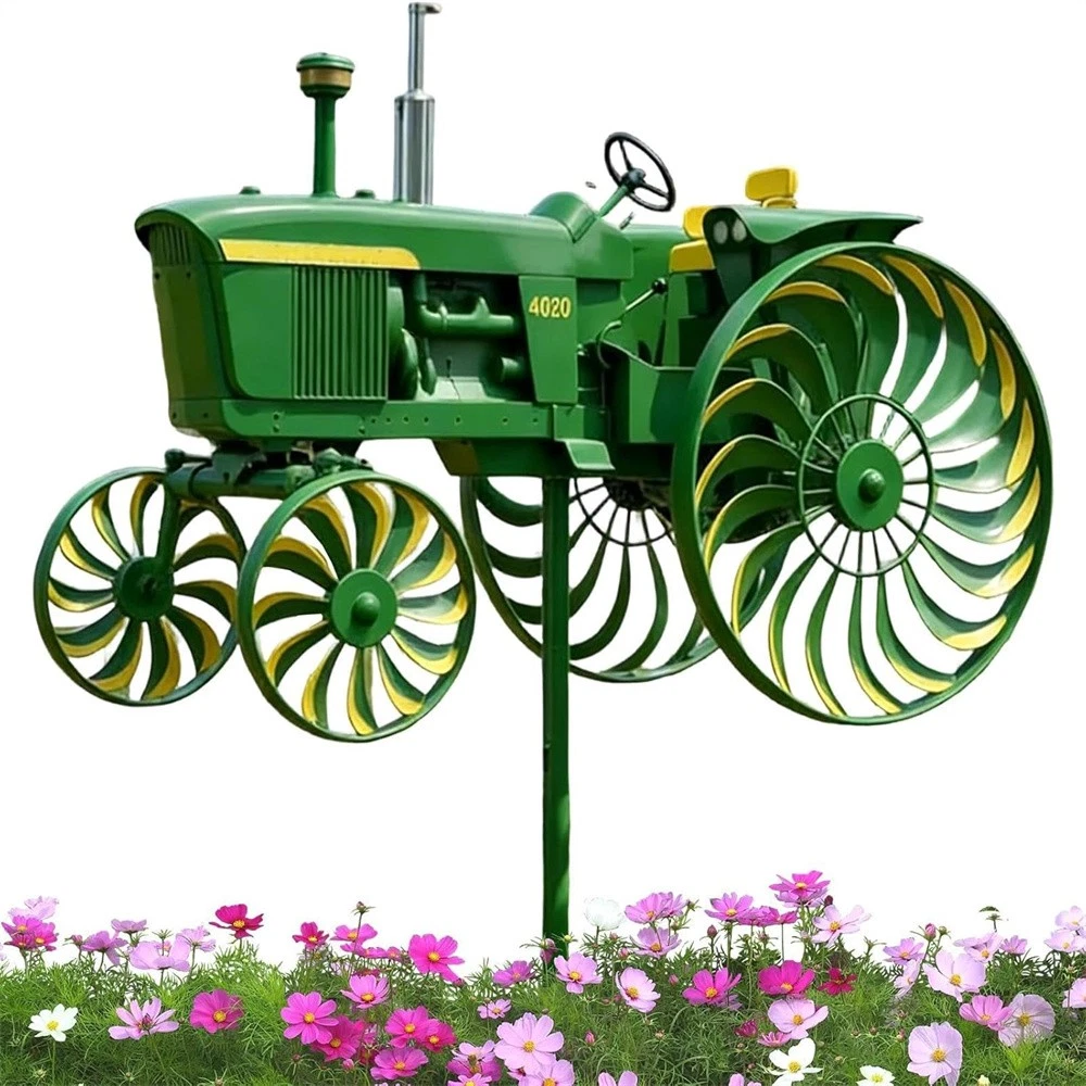 Metal Garden Wind Spinner Rotation Tractor Stake, Green Yard Ornament