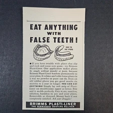 1952 Brimms Plasti-Liner Permanent Denture Reliner Vintage Print Ad Eat Anything