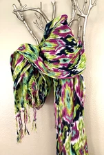 Large Cejon green, purple, pink, navy linen, viscose shawl, 30" x 80"