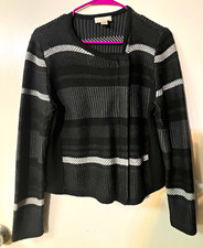 LOFT Women s Size S Black/White Striped Knit Full Zip Long Sleeve Sweater
