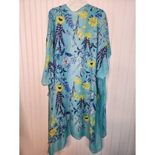 Styline Floral Kimono Wrap Turquoise Blue Yellow Botanical Cover Up One Size New