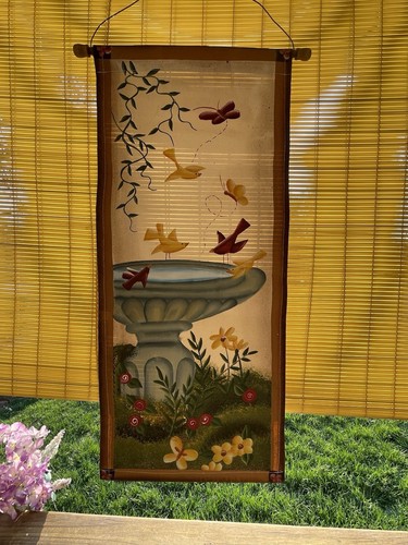 Handpainted Bird Hanging Canvas Banner Wood Dowel/wire Hanger Birdbath Florals - Picture 2 of 12
