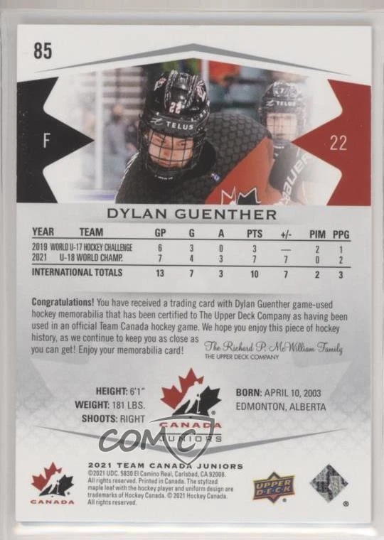 2021 Upper Deck Team Canada Juniors Jersey Dylan Guenther #85 - Image 2 of 2