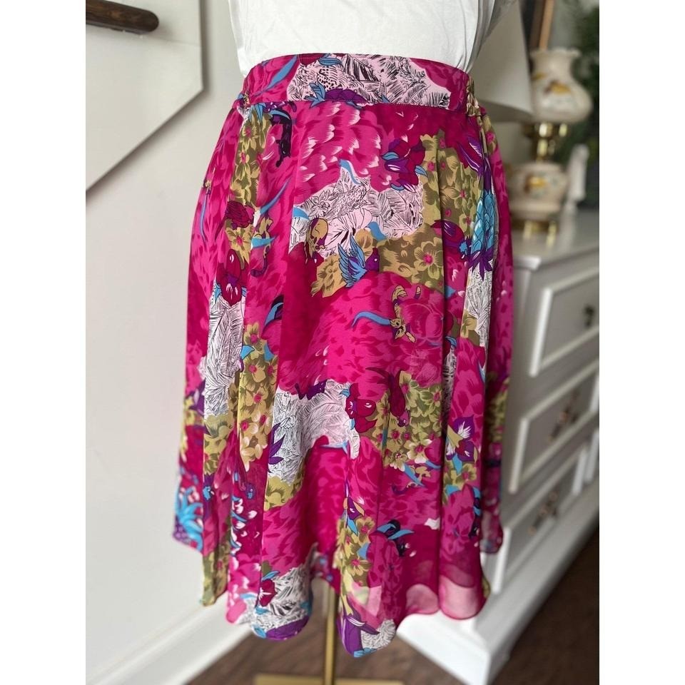 Maximalist Cottagecore Dopamine Skirt with Abstract Kitten and Bird Design Size L