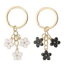 Flower Keychain Charm Cherry Blossom Enamel Key Chain Cute Keyring Black/White