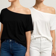 Ladies Off Shoulder Bardot T black Shirt Cotton Slash Neck Batwing Short Sleeve