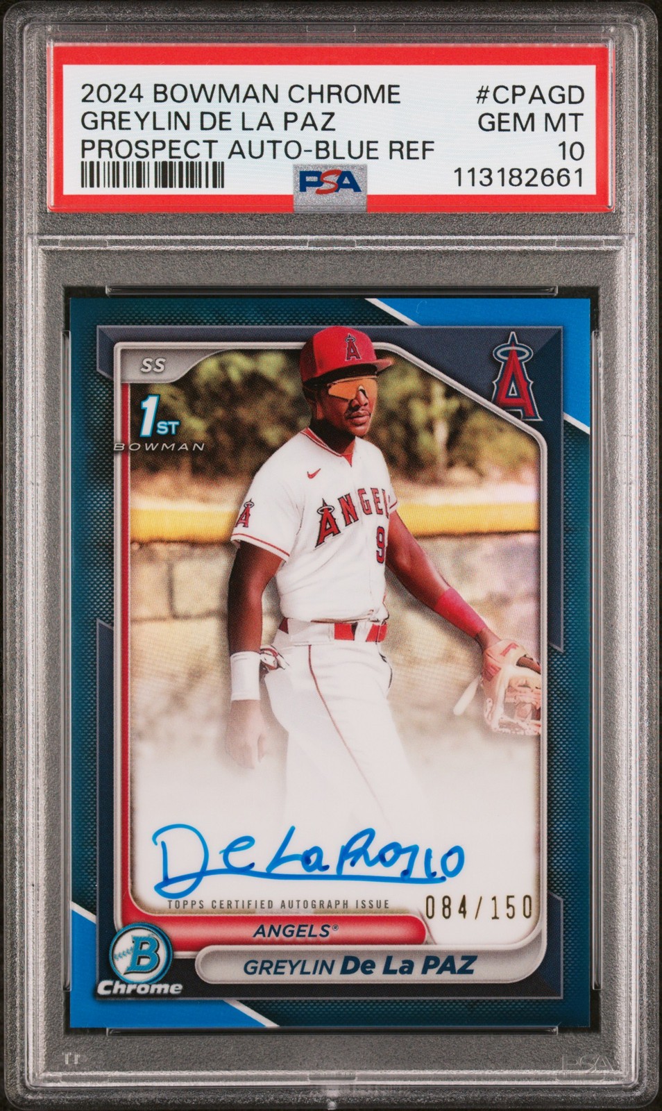 2024 Bowman Chrome Auto Blue Ref #/150 #CPAGD Greylin De La Paz PSA 10 Angels RC