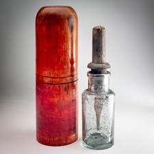 RareAntique Travelling Ink Bottle + Wooden Case c1880 Writing Collectible