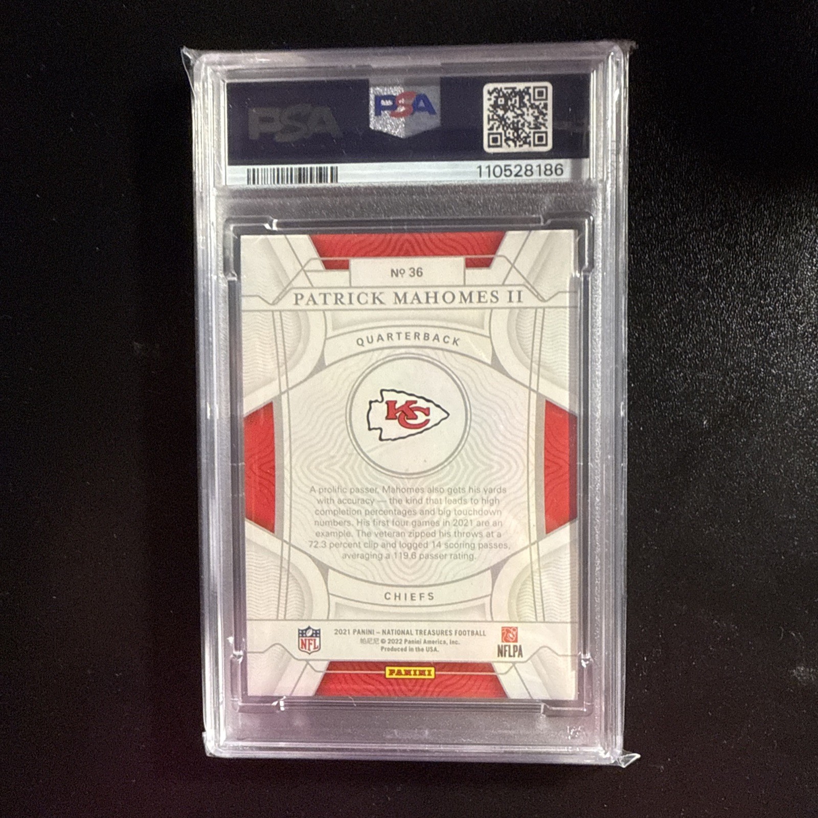 2021 PANINI NATIONAL TREASURES PATRICK MAHOMES II JERSEY # RED /15 #36 PSA 8 view 2