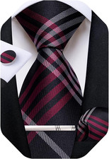 Plaid Ties for Men Silk Checkered Necktie and Pocket Square Cufflinks Tie Clip S