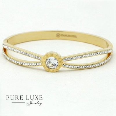 Women's 6.5'' Stainless Steel Cubic zirconia Bangle Bracelet,Gold plated*Box