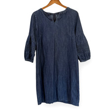 Talbots Dress Womens 8P Striated Blue Denim Chambray Puff Sleeve Boho Cottage