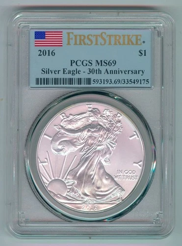 2016 U.S. SILVER AMERICAN EAGLE - KM#273 - 30TH ANNIVERSARY - PCGS - MS69
