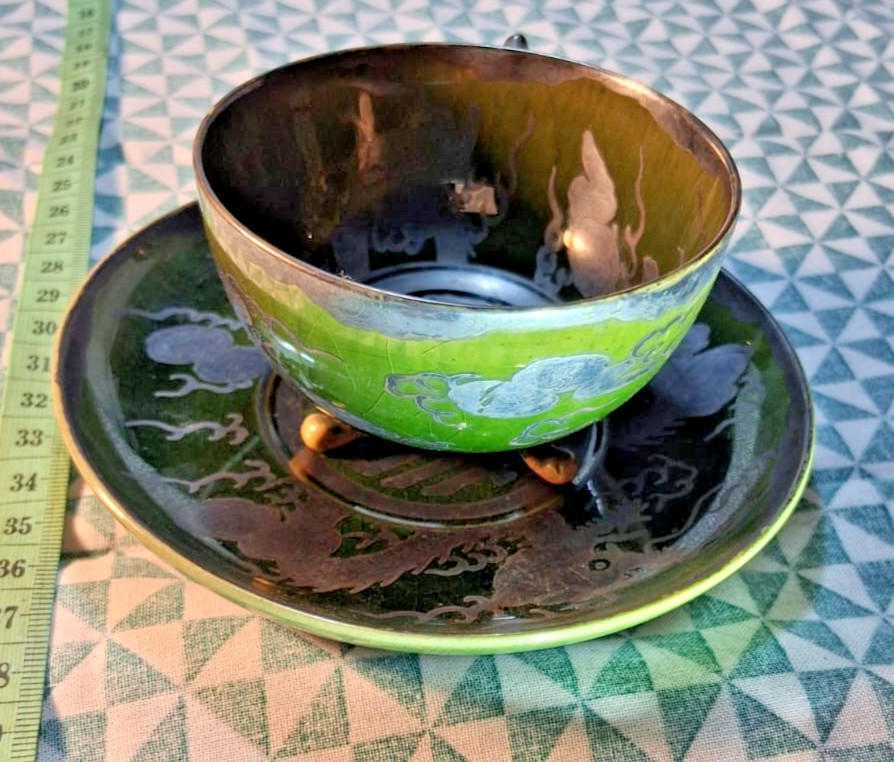 Antique Chinese Silver Overlay Porcelain Cup Saucer Set Republic Dragon Tripod image 7