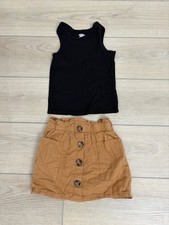 Girls 2pc Skirt Set Solid Black Sleeveless Tank Brown Button Skirt 6-7Y