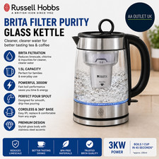Russell Hobbs Brita Purity Glass 1.5L Electric Cordless Kettle 3kw Fast Boil
