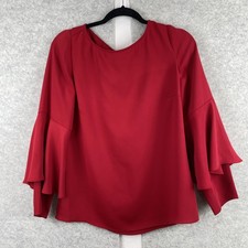 Chico's Blouse Womens 4/6 Red Solid Ruffle Bell Sleeve Round Neck Dressy Top