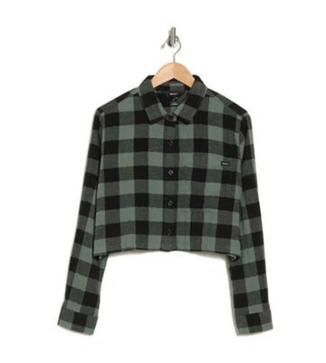 RVCA Cropped Green Check Me Out Button Up Shirt-S