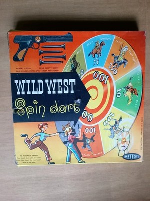 T. COHN Mettoy Wild West Spin Dart Schießscheibe Blechspielzeug 1950 Cowboys 