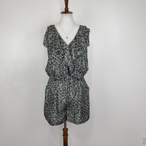Hinge 100% Silk Ditsy Floral Ruffle Neckline Belted Romper With Pockets Size S - Picture 7 of 12