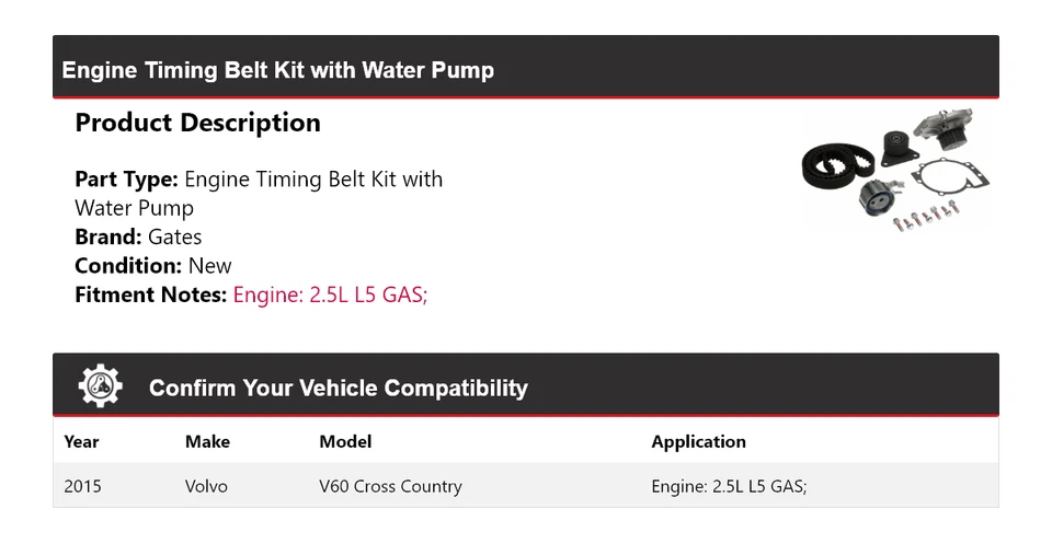 Kit de correa de distribución de motor Cross Country Volvo V60 2015 con puertas de bomba de agua Foto 2 de 3