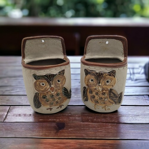 2 Vtg Counterpoint Japan Owl Wall Pocket Planter Handpainted Pottery Boho Decor