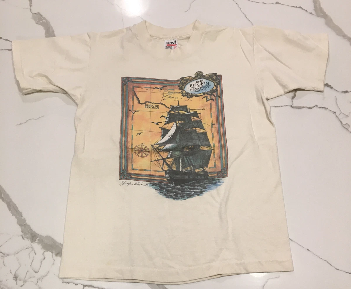 Vintage Brig Pilgrim T-Shirt Dana Point Harbor Sailing Shirt Made N USA Youth XL