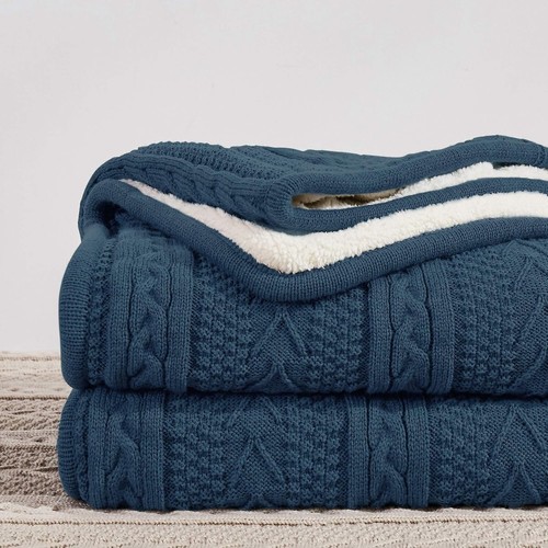 Luxurious 60x80 Reversible Acrylic Cable Knit Sherpa Throw Blanket in Grey Blue - Picture 3 of 12