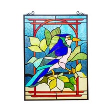 Stained Glass Window Panel Blue Jay Tiffany Style Blue Bird Suncatcher Art Glass