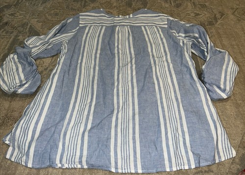 D & Co Linen Blend Tunic Top Shirt Size Large Pockets Roll Tab Sleeve Blue Strip - Picture 5 of 5