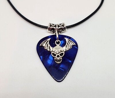 Guitar Pick Necklace Music Pendant Jewellery Bat Wings Skull Gothic Punk Blue