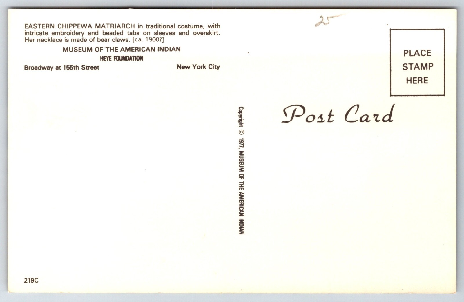 Native Americana~New York City~Eastern Chippewa Matriarch @ Museum~Vtg Postcard