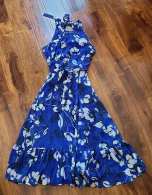 NWT Calvin Klein Blue Floral Halter neck Midi Print Dress Flowy Summer Spring | eBay NWT Calvin Klein Blue Floral Halter neck Midi Print Dress Flowy Summer Spring | eBay