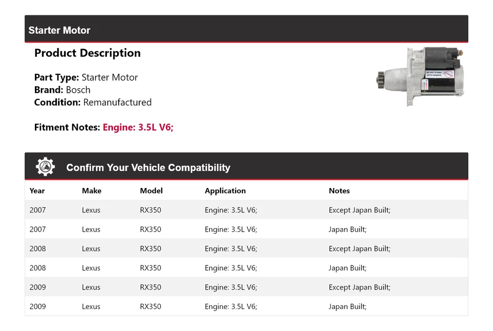 Para Lexus RX350 2007-2009 3,5 L V6 arranque Bosch (remanufacturado) 2008 Foto 2 de 4