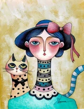ORIGINAL ACRYLIC SURREAL ART NAIVE woman & cat charmer PORTRAIT  MODERN PAINTING