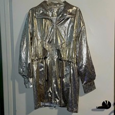 Vtg Marshall Rousso White & Gold Drawstring Anorak Metallic Windbreaker Xl